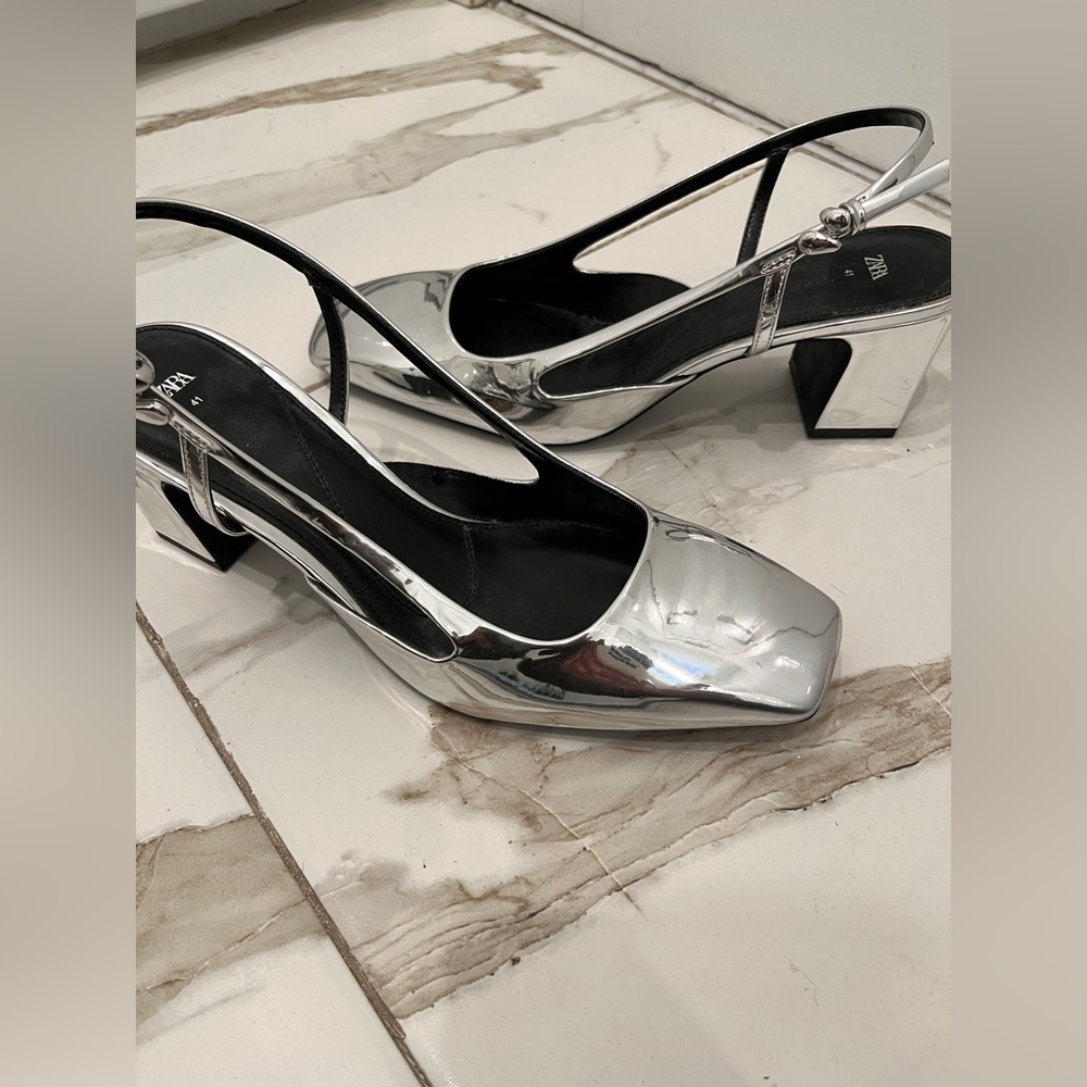 Zara Metallic Silver Slingback Heels